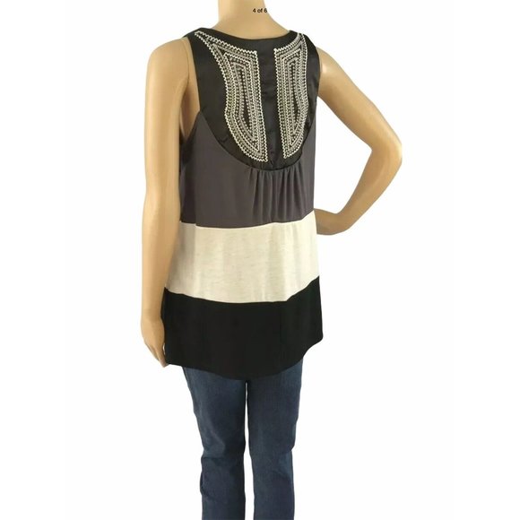 Cocomo Sleeveless Tunic Top S Embroidered Black Gray Cream Block Stripe - Picture 4 of 6